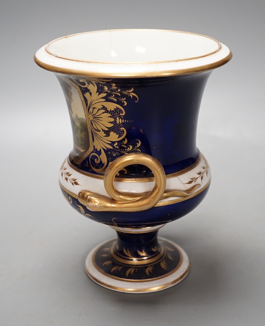A Derby named twin handled cup, 'View in North Wales' - 17cm tall